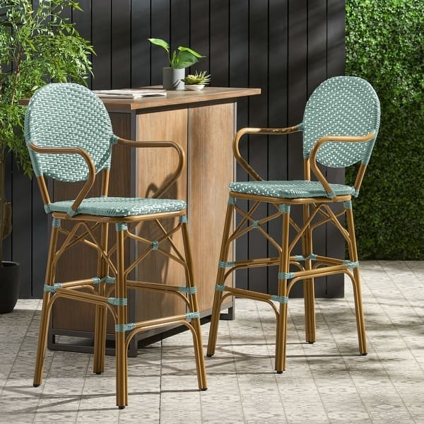 Set of 2 Teal Wicker Barstools with Round Backrests for Poolside
