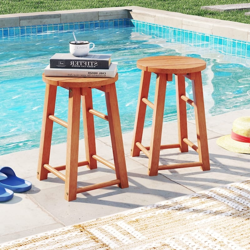 Set of 2 Warm Wood Bar Stools with Tapered Legs and Circular Footrest