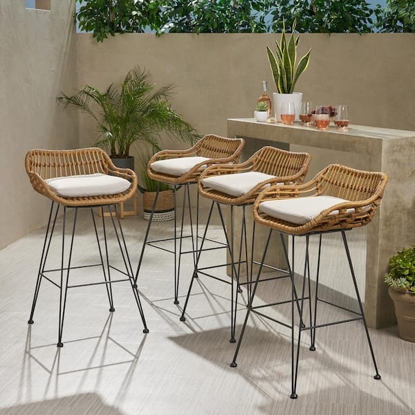 Set of 4 Bar Stools, Wood Toned Frame, Dark Woven Back, Beige Cushions