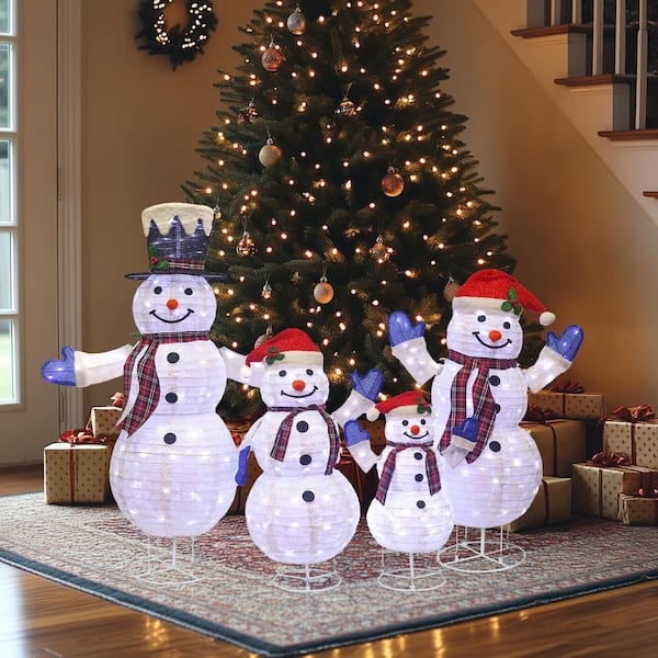 Set of 4 Snowman Family, Cool White LED Pop-Up Yard Decorations