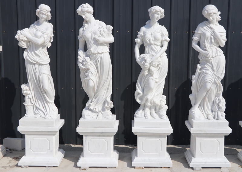 Set of 4 White Garden Statues on Tall Architectural Pedestals