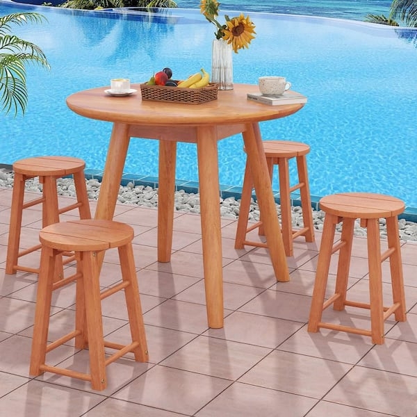 Set of 4 Wood Bar Stools with Double Ring Footrest, Natural Finish