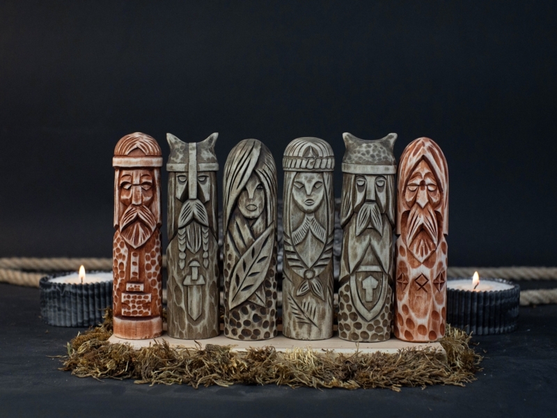 Set of Figurines on Cylindrical Base, Hand Carved Wooden
