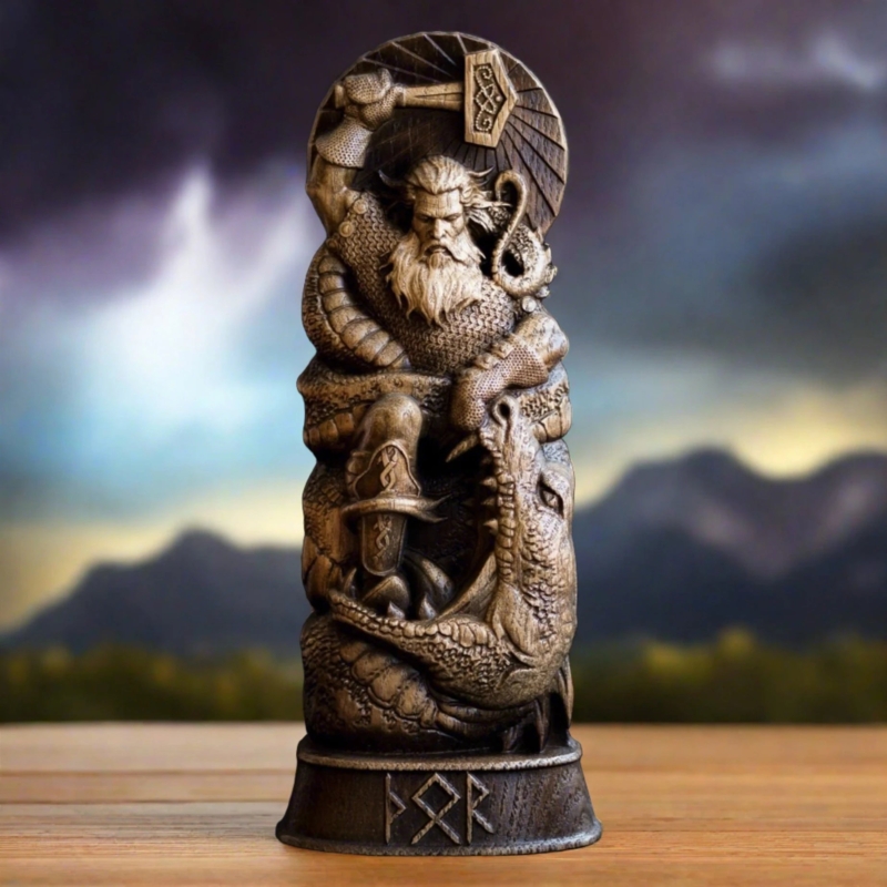 Set of Three Sculptures, Relief Carving, Carved Wood Style Viking