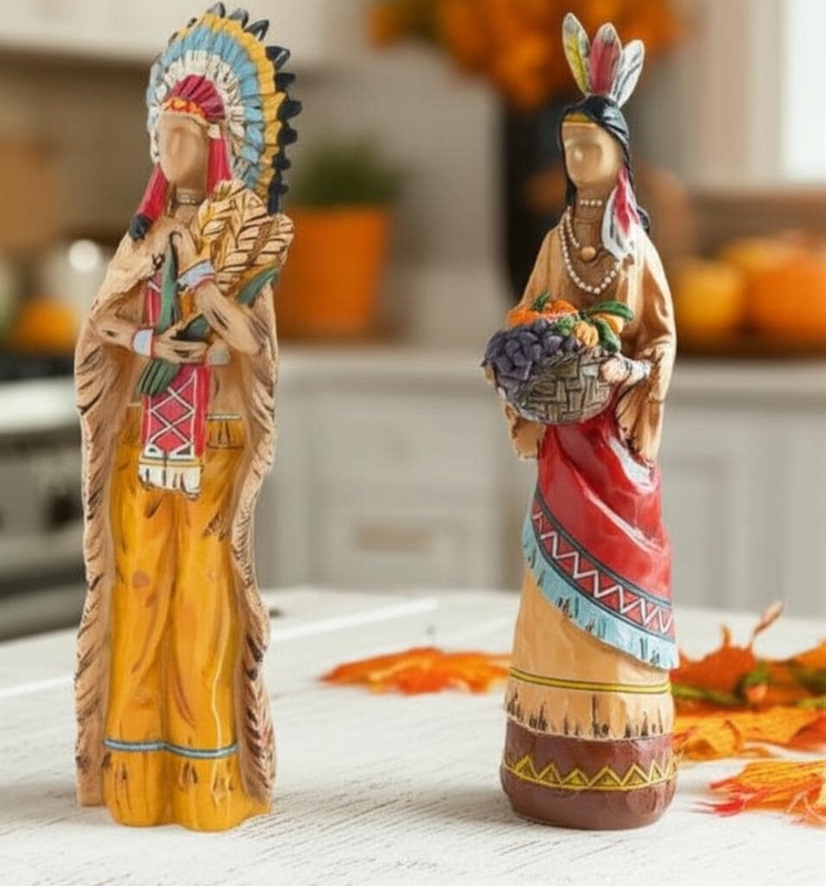 Set of Two Faux-Carved Harvest Figurines for Rustic Tabletop Decor