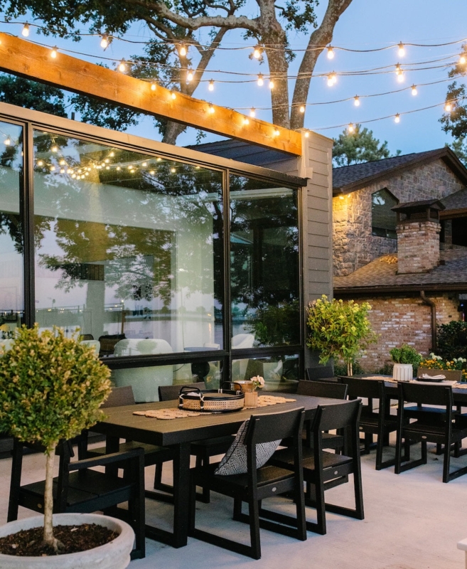 Seven-Piece Outdoor Dining Set with a Matte Finish on a Stone Patio