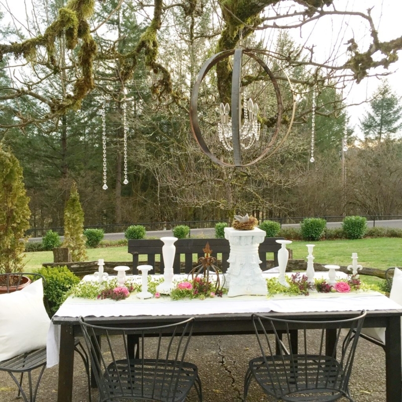 Shabby Chic Outdoor Dining Ideas with Rustic Wood Cross Back Chairs