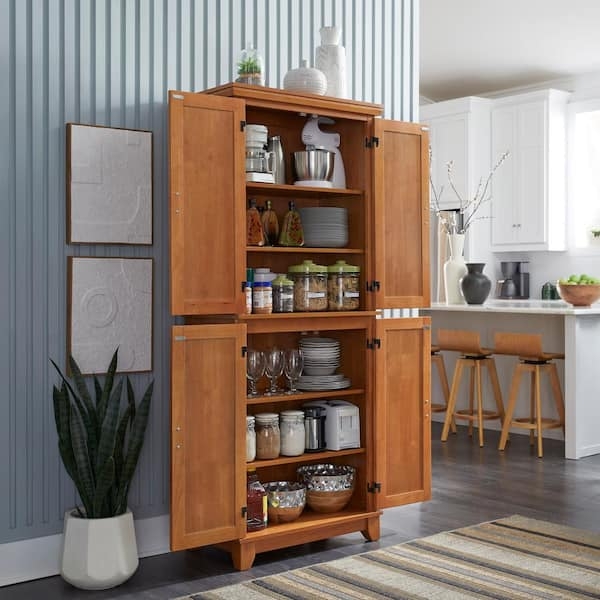 Shaker Style Pantry Cabinet with Crown Molding, Medium Oak Finish