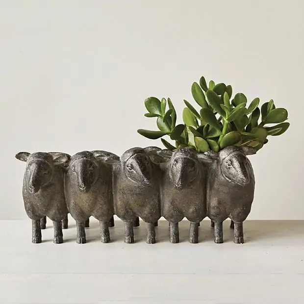 Sheep Planter Whimsical Farmhouse Tactile Wool Texture Weathered