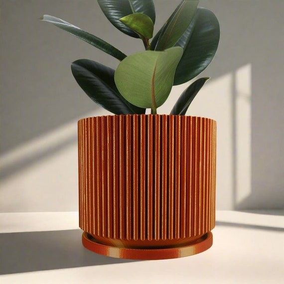 Shiny Copper Ribbed Planter with Matching Saucer, Mid-Century