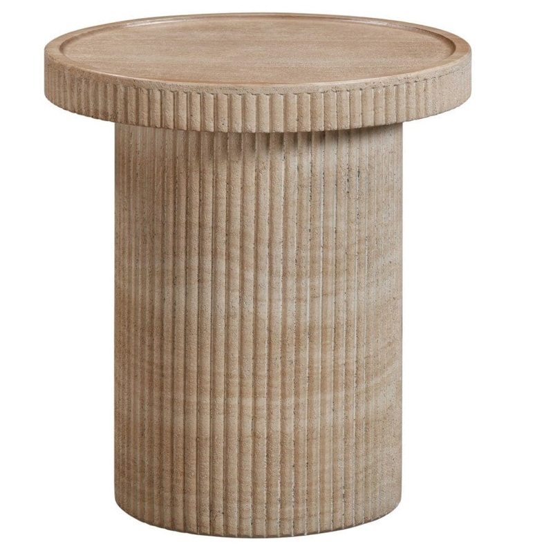Side Table Cylindrical Concrete Like Drum Base Pitted Finish