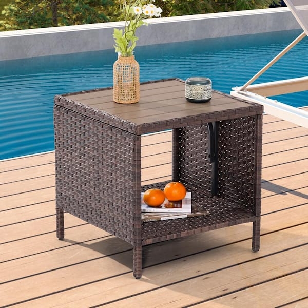 Side Table Dark Brown Woven Base Wood-Toned Slat Top Square Coastal