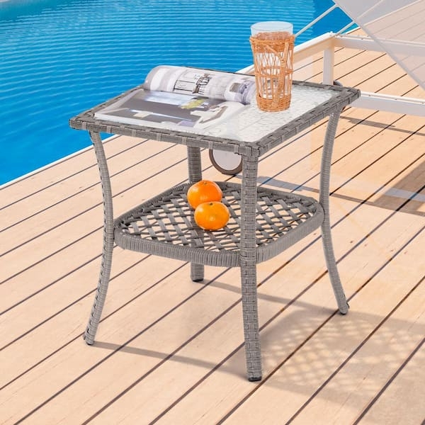 Side Table Gray Rattan Corrugated Glass Square Coastal Porch Accent