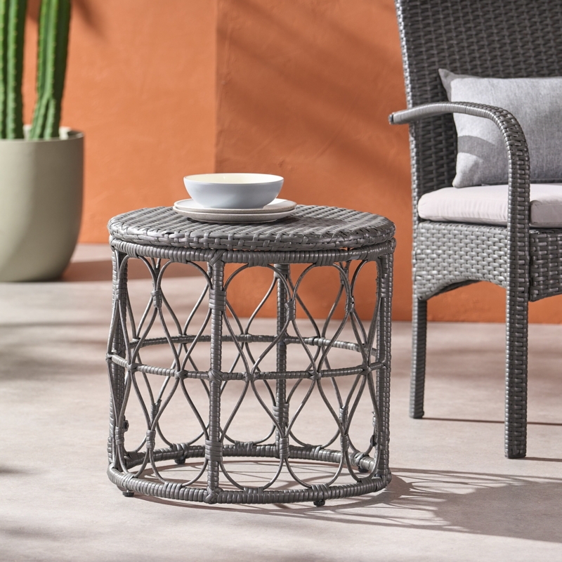 Side Table Gray Wicker Drum Shape with Flat Top Woven Construction