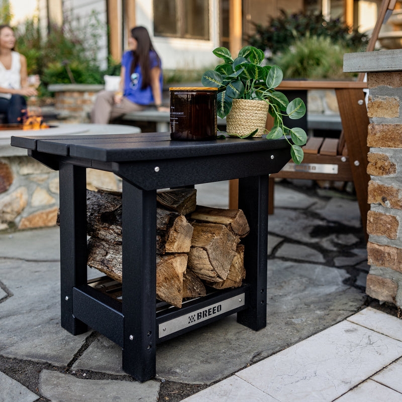 Side Table Industrial Metal X Pattern Cutout Wood Toned Top