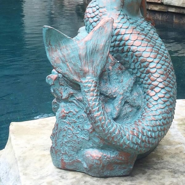 Sitting Mermaid Garden Statue, Bronze Verdigris Finish