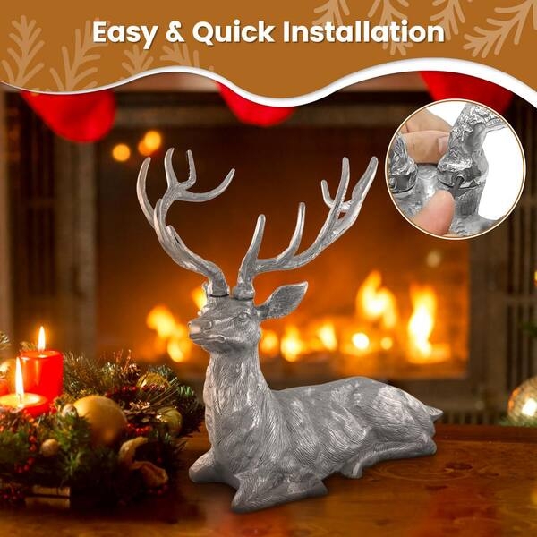 Sitting Reindeer Statue, Polished Silver Finish, Silver Decor