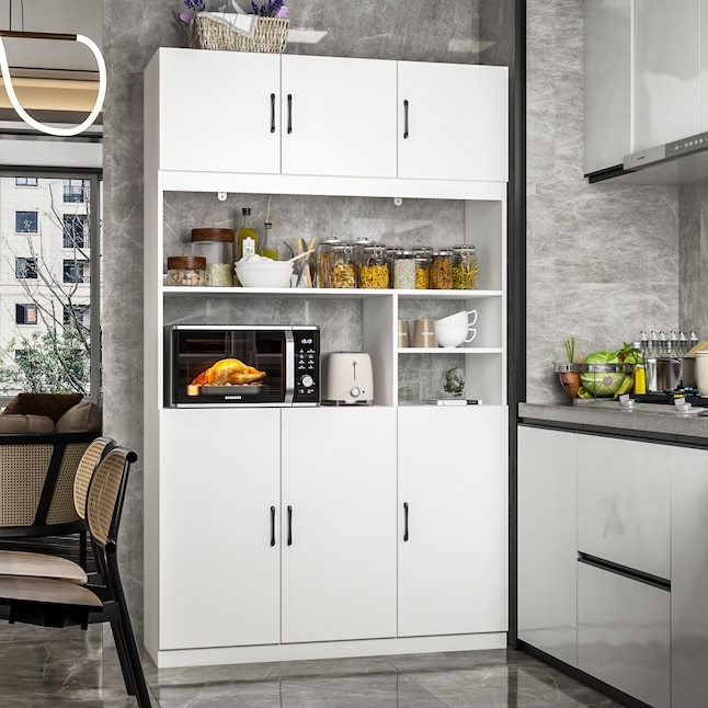 Six-Door White Pantry Hutch with Oak Countertop