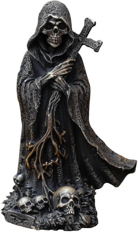 Skeleton Statue Reaper with Cross, Hooded Cloak, Matte Black, Gothic Mantel