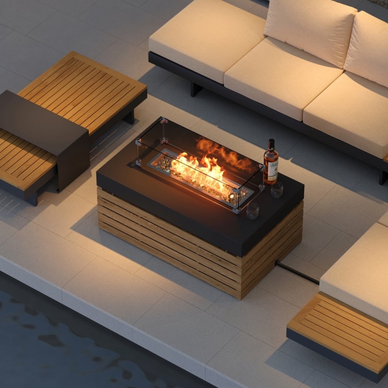 Slate Grey Fire Pit Table, Rectangular Slatted Base, Glass Wind Guard.