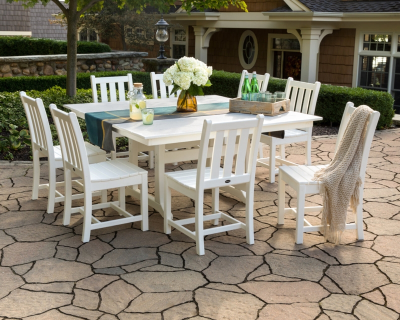 Slate Grey Patio Dining Set Trestle Base Slat Back Farmhouse