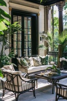 Slatted Outdoor Bench under a Striped Awning on a Balcony