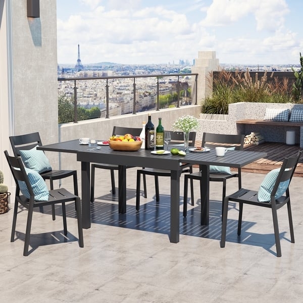 Sleek Charcoal Aluminum Patio Dining Table with Expandable Slat Top