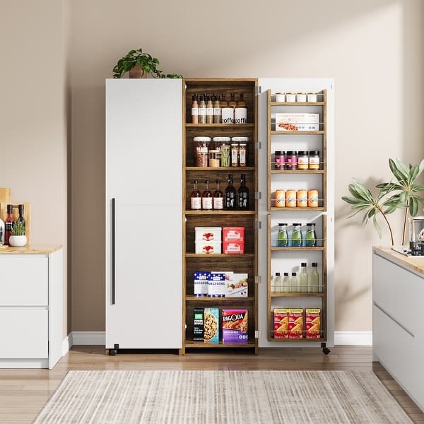 Slim Profile Freestanding Pantry Cabinet with Shaker Doors
