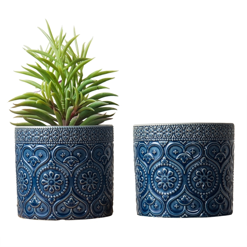 Small Cobalt Blue Planter Pot Set with Glossy Raised Mandala Pattern