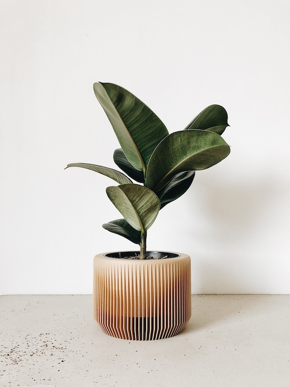 Small Geometric Faceted Planter in Natural Wood Tone