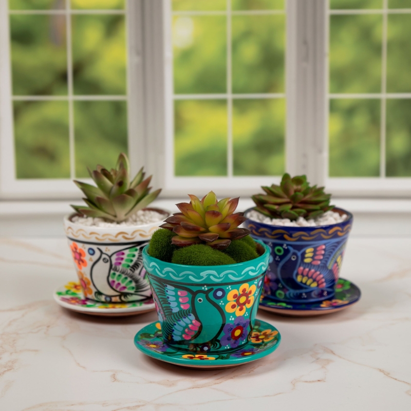 Small Hand-Painted Ceramic Planter with Aqua Glaze and Matching Saucer.
