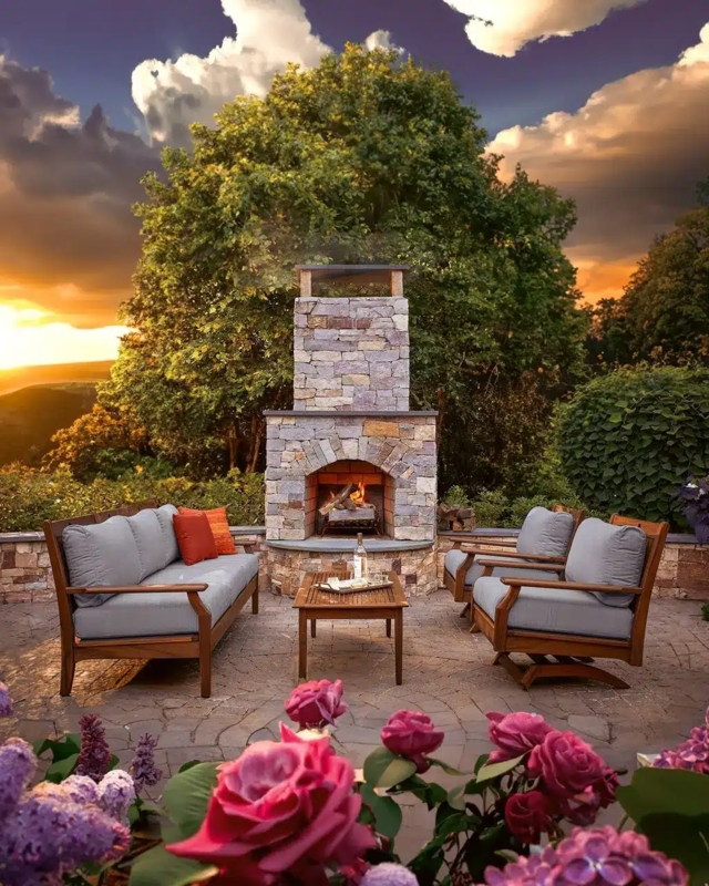 Small Patio Fireplace with Built-In Wooden Bench Seating