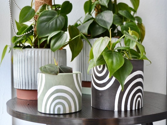 Small Planter Matte White Abstract Rainbow Motif Boho Decor