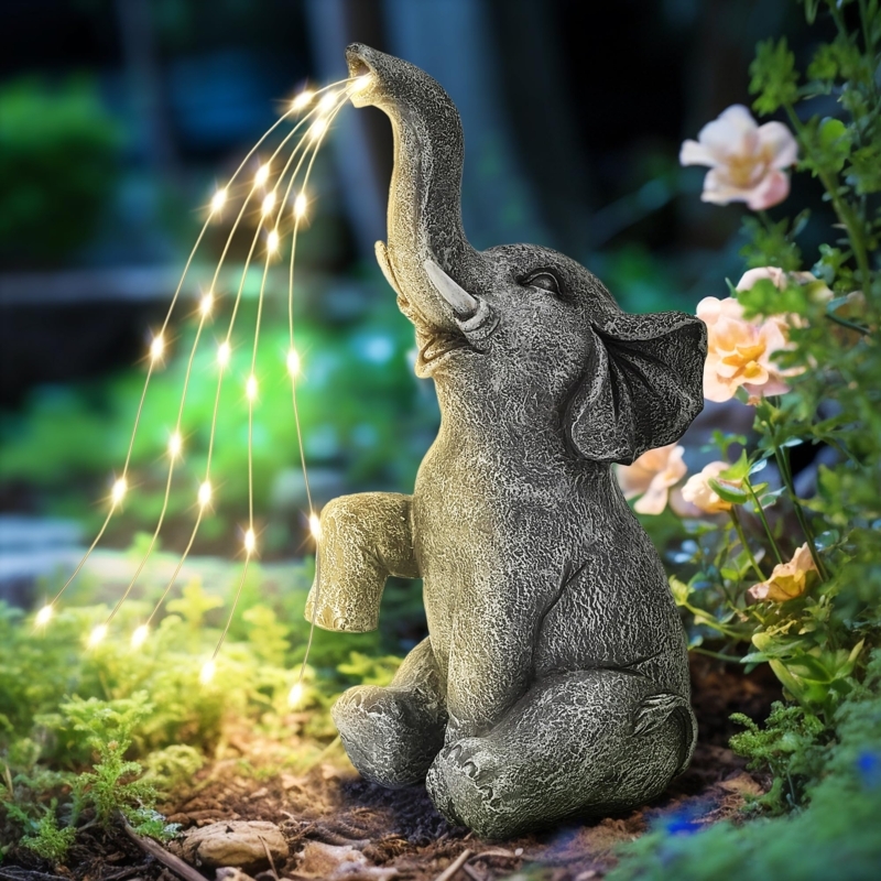 Solar Elephant Garden Statue with Light-Up Watering Can