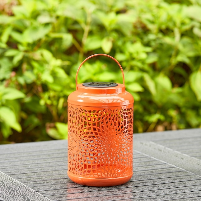 Solar Powered Outdoor Lantern with Floral Cutouts and Metal Handle