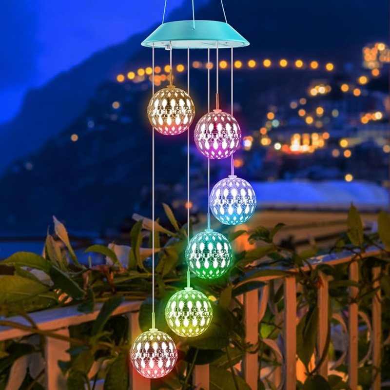 Solar Wind Chime with Moroccan Cutout Spheres & LED Lights
