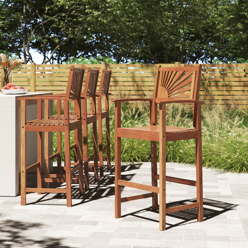 Solid Wood Outdoor Bar Stools Set of 4 - Sunburst Back, Acacia Patio Chairs