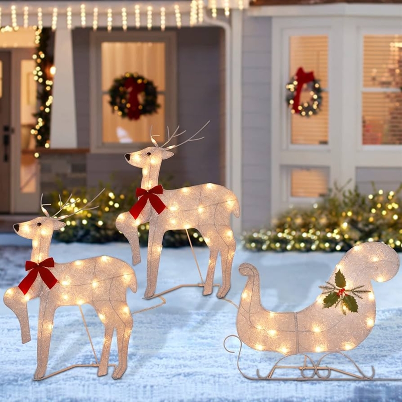 Sparkling Mesh Reindeer and Sleigh Set, Warm White Lights.