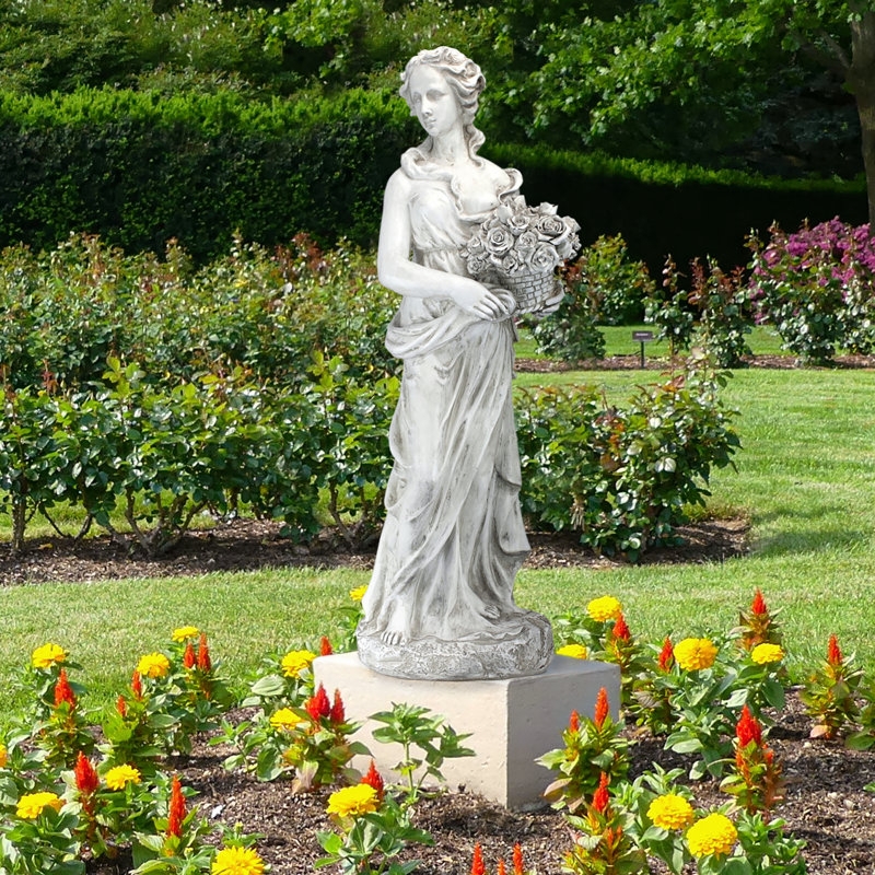 Spring Goddess Garden Statue in Off-White with Floral Bouquet