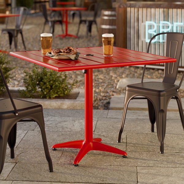 Square Dining Table Bold Red Aluminum Slatted Umbrella Hole