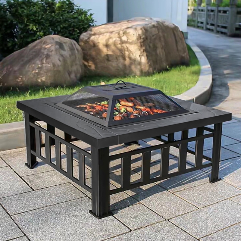 Square Fire Pit Table Lattice Base with Log Storage