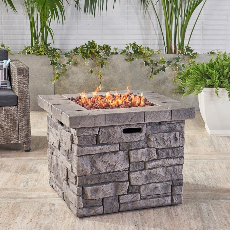 Square Fire Pit Table Stone Look Glass Guard Blue Fire Glass