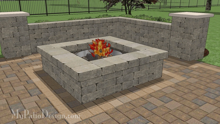 Square Fire Pit with Wide Stone Ledge for Backyard Patio