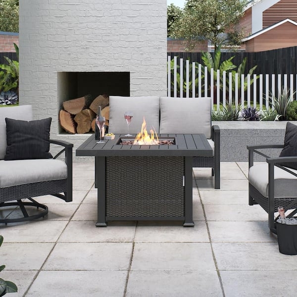 Square Gas Fire Pit, Charcoal Grey Slatted Top, Blue Fire Glass Media.