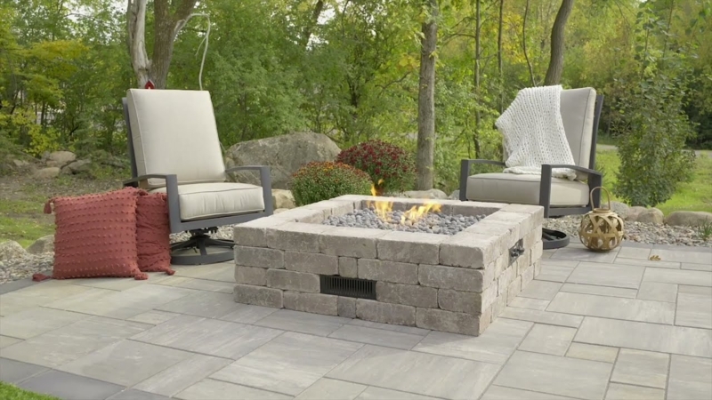 Square Gas Fire Pit Stacked Block Base and Black Fire Glass
