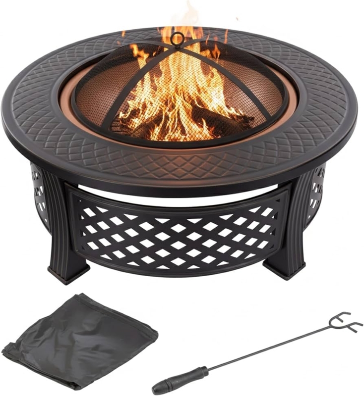 Square Metal Fire Pit Design with Lattice Pattern and Outer Rim Shelf