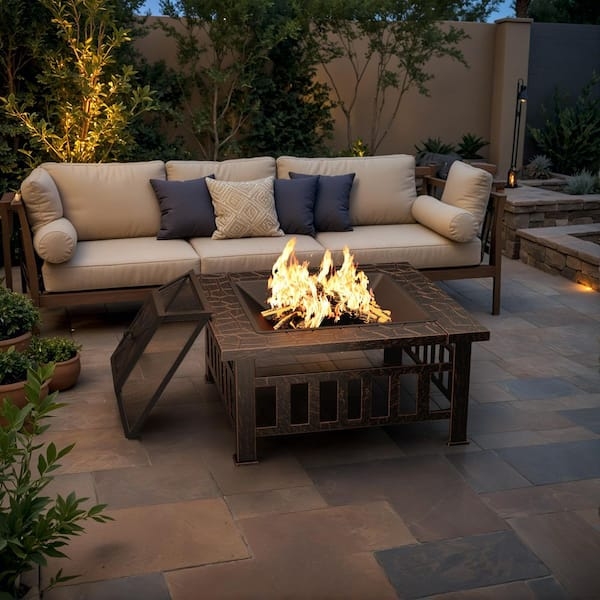 Square Metal Fire Pit with Decorative Stone-Like Rim