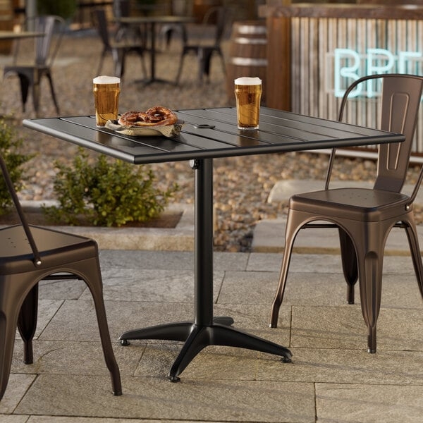 Square Outdoor Dining Table Black Aluminum Slatted Umbrella Hole
