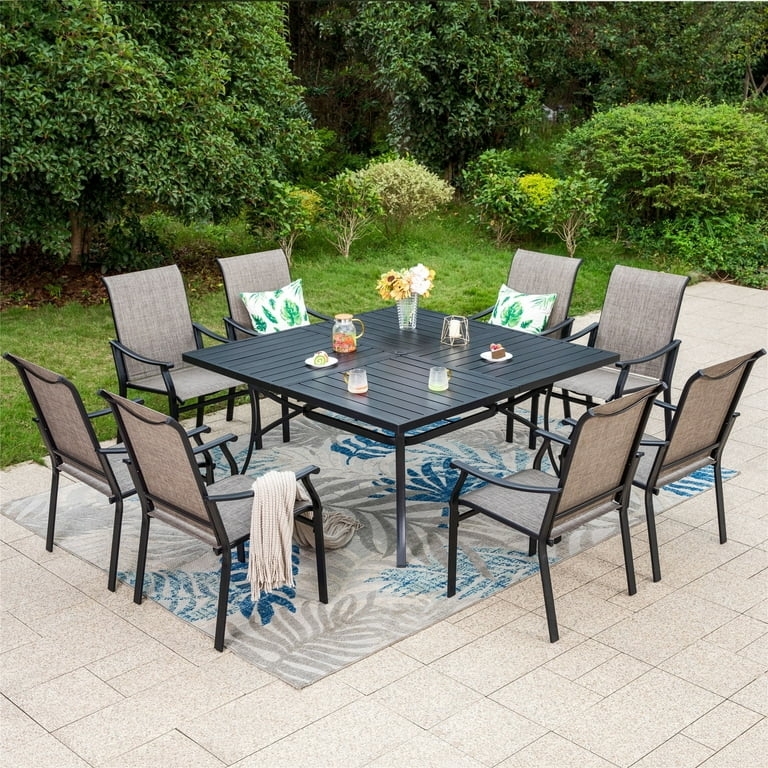 Square Outdoor Dining Table Black Metal Slatted Top Large Capacity