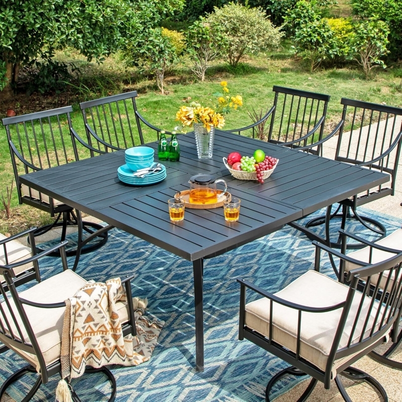 Square Patio Dining Table Matte Black Slatted Metal 60 Inch
